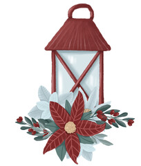 Christmas lantern with poinsettia bouquet illustration Pencil hand drawing. Children cartoon clipart on isolated background. Can be used for sticker, print, painting for Christmas Sublimation.