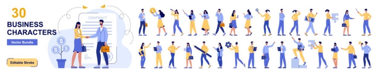 Obraz na płótnie Canvas Set flat characters of business people in work process. Collection of with men and women taking part in business activities. Big bundle vector illustrations