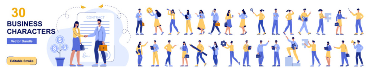 Set flat characters of business people in work process. Collection of with men and women taking part in business activities. Big bundle vector illustrations