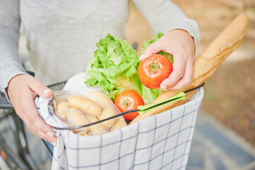 Close up of a bicycle basket full with lettuce, bread, potatoes and tomatoes. Young woman puts a...