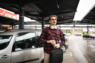 one man happy caucasian male standing at the parking lot in day © Miljan Živković