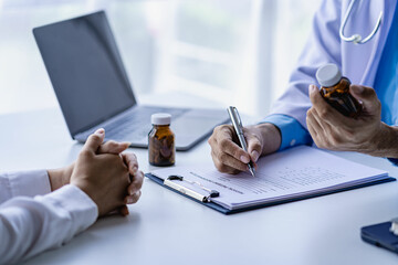 Psychiatrist consulting on women's gynecological diseases, writing prescription clipboard notes, listening to patients received in the clinic hospital.