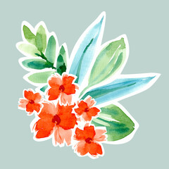 Watercolor bouquet of scarlet, red flowers, watercolor illustration in the form of a sticker. Red flowers in a bouquet with leaves. Wedding bouquet, hand-drawn watercolor
