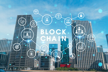 Panorama cityscape of Chicago downtown and Riverwalk, boardwalk with bridges at day time, Chicago, Illinois, USA. Decentralized economy. Blockchain, cryptography and cryptocurrency concept, hologram