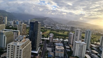 Aerial view of Waikiki Beach in Hawaii and Diamond Head.
