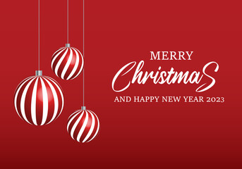 Naklejka premium Merry Christmas, Happy New Year with Christmas Ball on Red Background, Vector Illustration