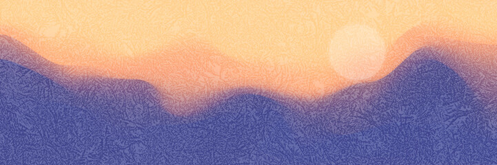 Mountain panoramic view, abstract stylization, sunset light and sun, vector illustration