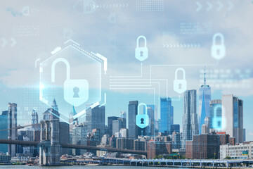 Brooklyn bridge with New York City Manhattan, financial downtown skyline panorama at day time over East River. The concept of cyber security to protect confidential information, padlock hologram