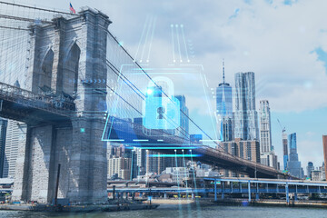 Brooklyn bridge with New York City Manhattan, financial downtown skyline panorama at day time over...