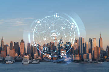 New York City skyline from New Jersey over Hudson River, Midtown Manhattan skyscrapers at sunset, USA. Social media hologram. Concept of networking and establishing new people connections