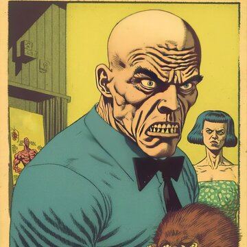 Angry bald man from comics generated with Artificial Intelligence