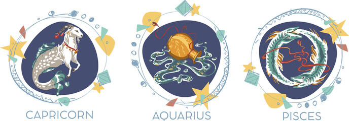 Astrological symbols on white background - Capricorn, Aquarius, Pisces - 551209738