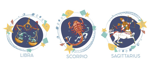 Astrological symbols on white background - Libra, Scorpio, Sagittarius - 551209743