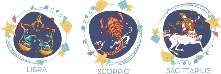 Astrological symbols on white background - Libra, Scorpio, Sagittarius - 551209755