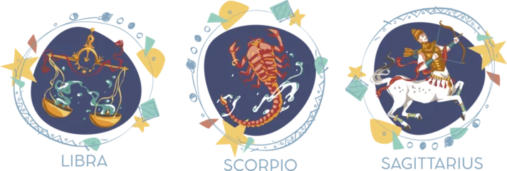 Fotobehang Astrological symbols on white background - Libra, Scorpio, Sagittarius © nataliahubbert