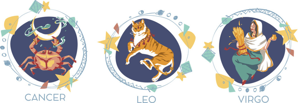Astrological symbols on white background - Cancer, Leo, Virgo