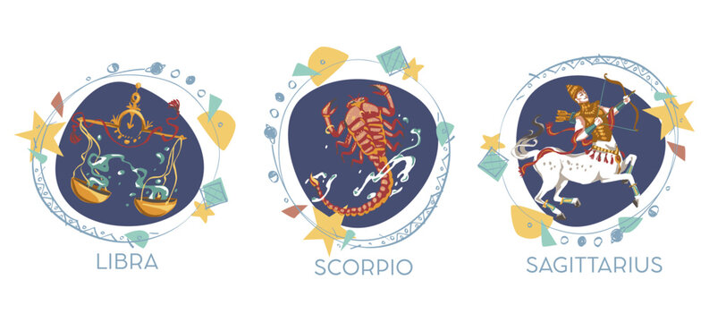 Astrological symbols on white background - Libra, Scorpio, Sagittarius
