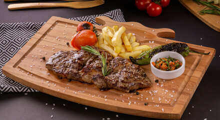 Grilled beef steak on wooden board.