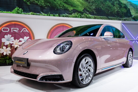 Thailand - Dec 1, 2022: GWM ORA Grand Cat on display at Thailand International Motor Show 2022 Arina Muangthong Thani or Motor Expo in Bangkok, Thailand.