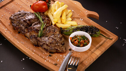 Grilled beef steak on wooden board.