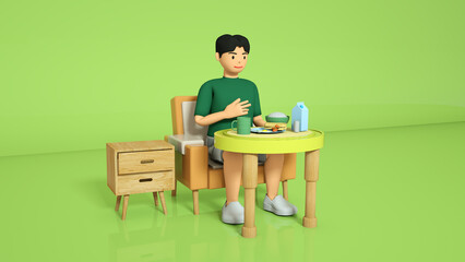 handsome character breakfast. 3d cartoon quick breakfast, table, rice, milk, cup, milk, glass. 3d rendering