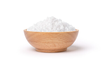 Natural sea salt in wooden bowl isolated on white background.