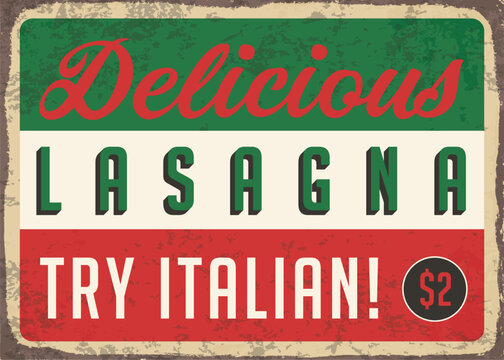 Tasty lasagna retro tin sign board Italian food vintage poster