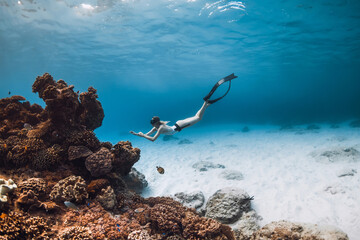 Free diver girl in bikini with fins near coral reef with tropical fish in blue ocean