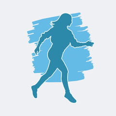Happy gesture young woman. Vector blue silhouette.