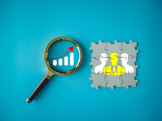 Team growth or team search to find work that makes it successful teamwork with people icon on...