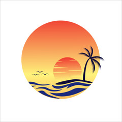Fototapeta na wymiar Landscape of paradise tropical island beach, sunrise sunset. Tranquil beach scene with palm trees vector illustration