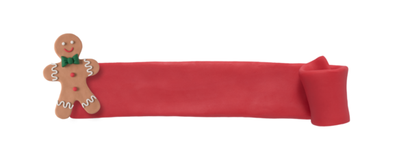 Christmas sale tags made of plasticine. Red scroll and christmas isolated banner with gingerbread man figure. Handmade merry christmas label with plasticine