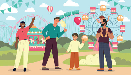 People in amusement park. Men and women with children on background of roller coaster and Ferris wheel. Active recreation, parents with children outdoor, weekends. Cartoon flat vector illustration