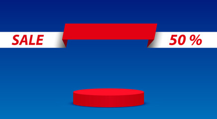 red podium with sale text background in the blue room