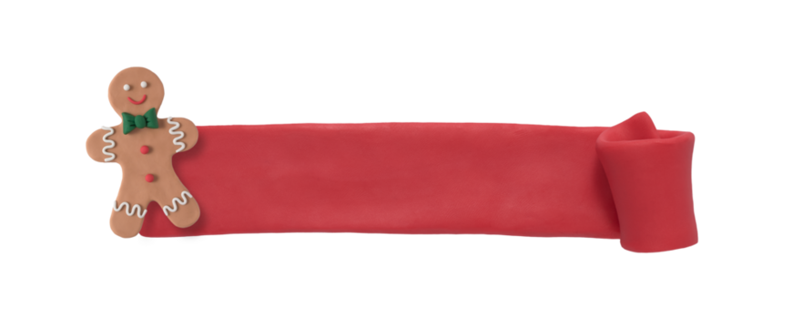 Christmas sale tags made of plasticine. Red scroll and christmas isolated banner with gingerbread man figure. Handmade merry christmas label with plasticine