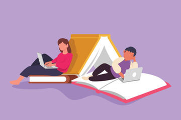 Cartoon flat style drawing smart couple with laptop computer leaning on pile of book together. Freelance, distance learning, online courses. Man and woman studying. Graphic design vector illustration