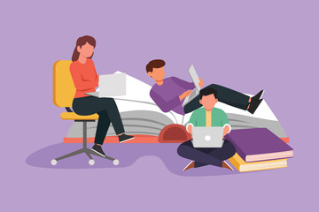 Character flat drawing group of people with laptop computer at home. Man lying on big book, male sit on floor, woman sitting on chair, typing or studying together. Cartoon design vector illustration