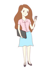 illustration of a woman standing using a mobile phone to contact work.