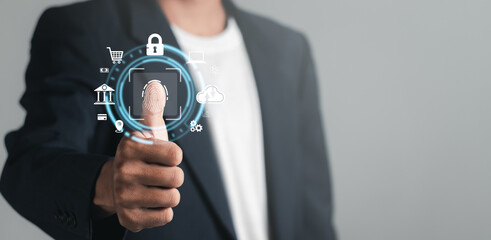 Biometric identity fingerprint scanner for personal financial access, digital application security, cyber security concept.