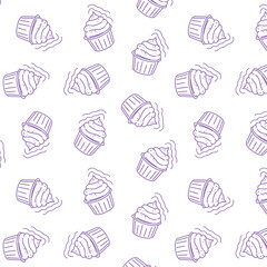 drawing, doodle pattern, background with cupcakes, cakes, muffins, for cafes, cafes, bakeries, holidays on a dark background with light, purple lines