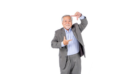 Cheerful Elderly Man in Gray Suit Making Framing Gesture
