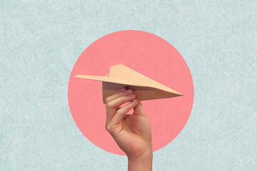 Hand holding a paper plane on a circle background. Ideas for travel. Art collage. - obrazy, fototapety, plakaty