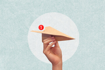 New notification. Paper plane arrives with new notification on a background. Art collage.