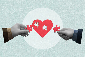 Two people put together a heart-shaped jigsaw puzzle. Concept of building love and strong relationships. Art collage.