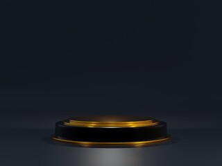 Black product background stand or pedestal pedestal on advertising neon light display with blank background. 3d rendering.