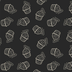 drawing, doodle pattern, background with cupcakes, cakes, muffins, for cafes, cafes, bakeries, holidays on a dark background with light, light lines