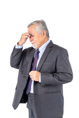 Elderly Man in Suit Holding Glasses and Looking Stressed
