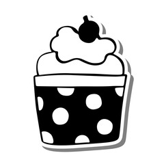 Monochrome cupcake with cherry and whipped cream on white silhouette and gray shadow. Vector illustration for decoration or any design.