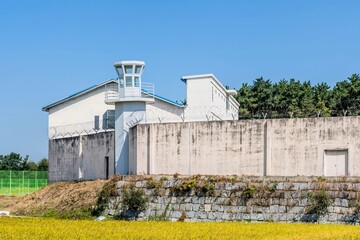Fototapeta na wymiar Guard tower and exterior wall of Iksan prison set. Used for filming drams.
