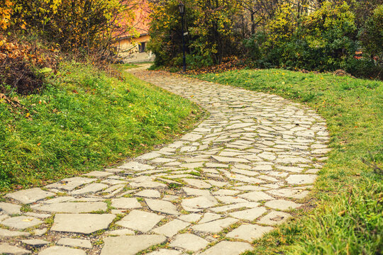 Stone pathway in autumn season.High quality photo.
